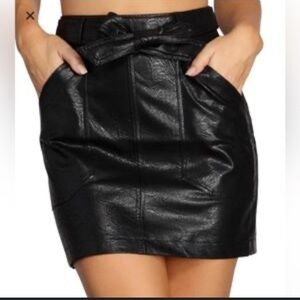 Shinestar Black Faux Leather Pencil Skirt with Bow Waist